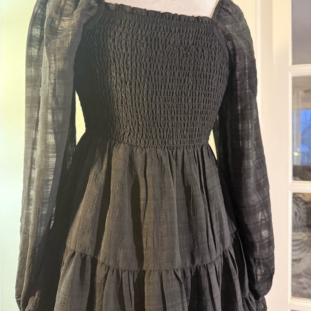 Urban Outfitters River Smocked Long Sleeve Mini Dress Small Babydoll Tiered Boho - Picture 13 of 16